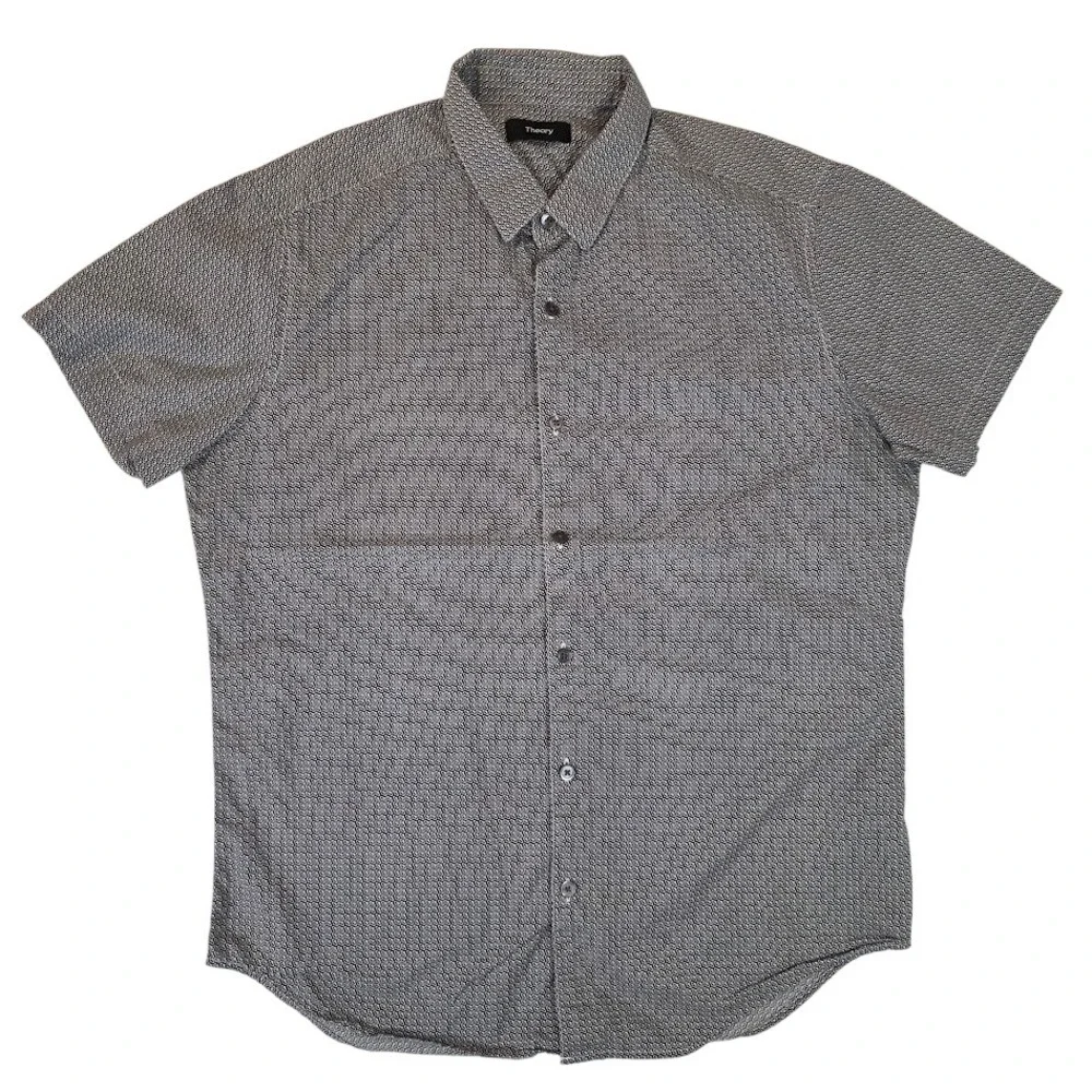 Theory Men's Medium Zack S Shirt Black White Geometric Corner Print Short Sleeve